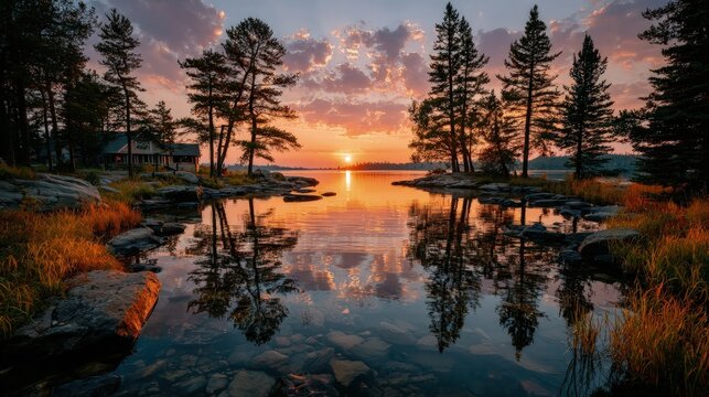Golden sunset over a vast lake scenic landscape with silhouetted pine trees and a calm mirror-like water surface - Powered by Adobe