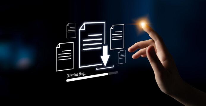 Visual representation of digital document downloading, showing file transfer, data access, and progress status for secure and efficient information retrieval Latch - Powered by Adobe