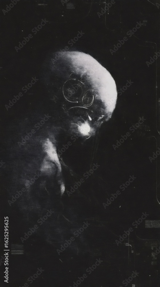 Poster abstract digital image of a futuristic skull head with glowing eye, symbolizing artificial intellige