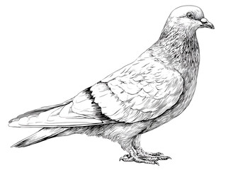 A detailed pen and ink illustration portrays a serene pigeon in side view, embodying simplicity and elegant form. 