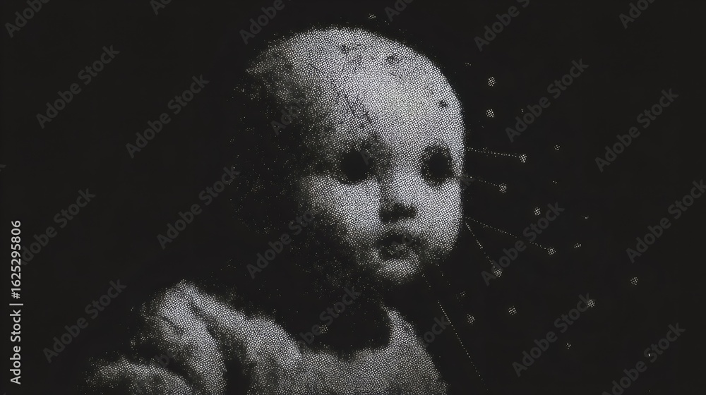Poster abstract baby child face with dotted texture and neural connections for artificial intelligence conc
