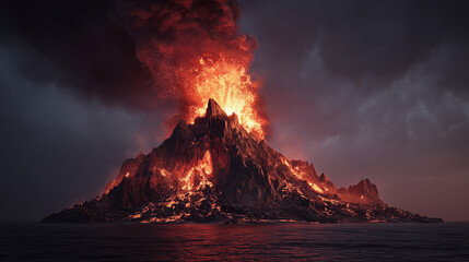 Fototapeta premium Erupting volcano ocean view natural phenomenon dramatic landscape aerial perspective environmental impact