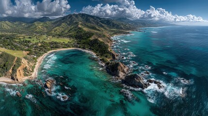 Naklejka premium Aerial view of an ocean scenic landscape showcasing endless blue waters meeting lush green coastal hills under fluffy clouds