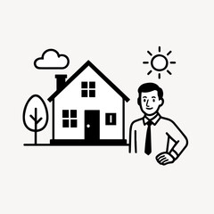 Minimalist Black and White Vector of House, Man, Tree, and Sun 