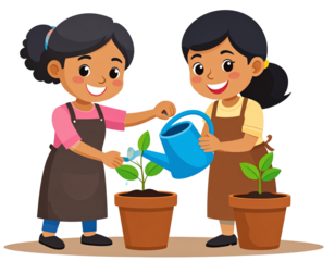 Plant mom watering plants, cartoon style, transparent background