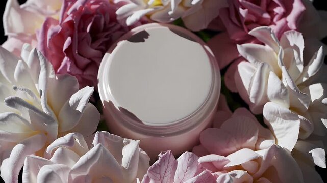 A beautifully styled 4K product scene white cosmetic cream centered among pink white flowers arranged circular design video that conveys elegance skincare