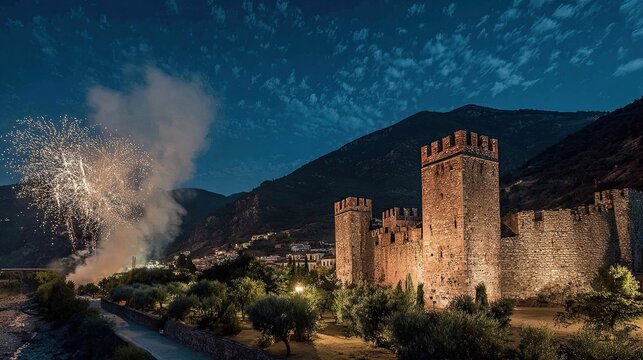 Fireworks Over Medieval Castle At Night