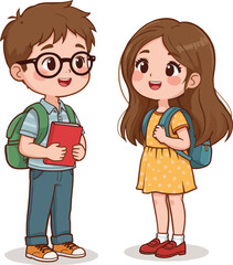 a cute cartoon boy standing and talking with a girl