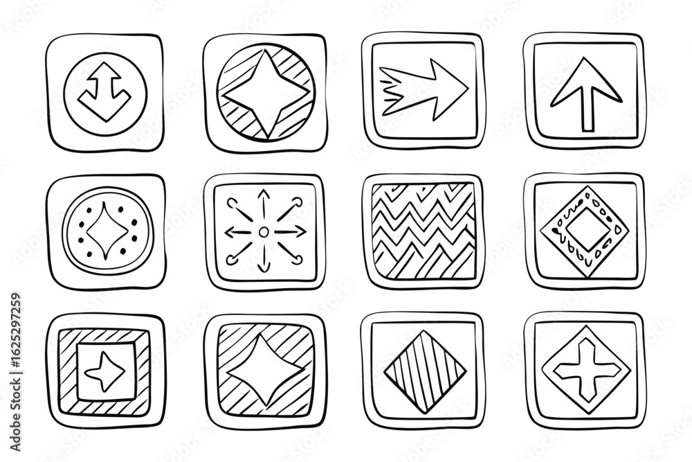 Poster diverse abstract icons: a set of twelve unique abstract icons, each encased within a square frame, o