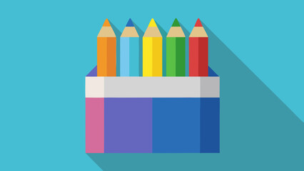 Colorful pencils in a box on a blue background