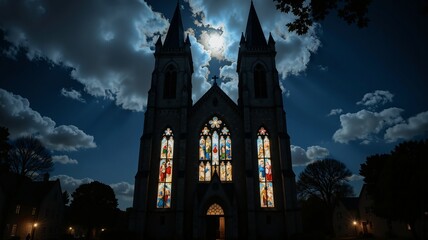 A majestic cathedral stands under a dark, cloudy sky illuminated by moonlight, its stained glass windows glowing with vibrant colors against the night