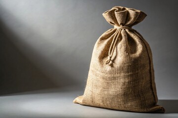 A tightly tied burlap sack stands illuminated against a textured background