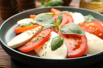 Tasty salad Caprese with mozzarella, tomatoes, basil and spices on table, closeup