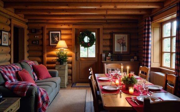 Cozy Rustic Log Cabin Interior: Christmas Wreath, Candlelit Dinner Table, Warm Evening Ambiance