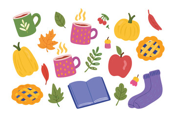 Cozy Autumn Collection: A delightful assortment of warm, inviting autumnal elements, featuring steaming mugs of tea, seasonal pumpkins, fresh fruit, charming autumn leaves, a comforting pie.