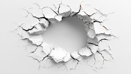 A circular hole punched through a white surface, with radiating cracks