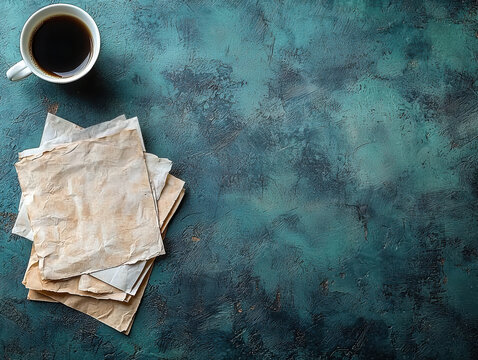 Warm coffee cup beside crumpled papers on textured surface - Powered by Adobe
