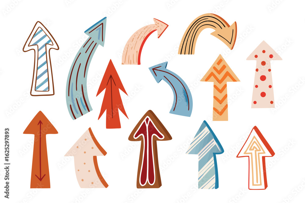 Aufkleber directional arrows set: a colorful and diverse collection of illustrative arrows, each with a unique