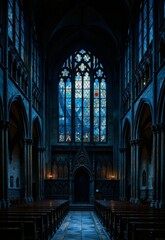 Fototapeta premium A serene Gothic cathedral interior bathed in soft blue light from stained glass windows, with rows of wooden pews leading to an altar and towering pillars