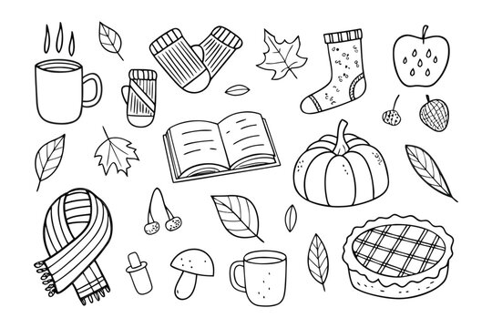Autumnal Essence: Whimsical line art presents a cozy harvest scene. Featuring an array of charming autumn motifs: a steaming mug, knitted socks, falling leaves, apple, and a pie.