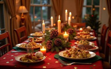 Naklejka premium Warm Candlelit Christmas Eve Dinner Table Setting with Traditional Food