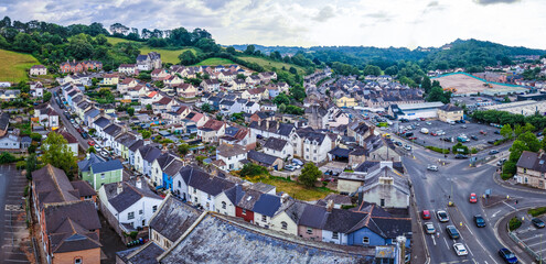 Aerial view of Newton Abbot’s historic St Leonard’s Tower (Clock Tower) rising above town...
