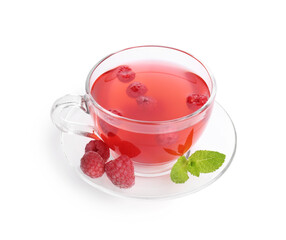 Tasty raspberry tea in glass cup, berries and mint isolated on white
