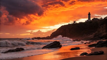 Dramatic sunset over a rocky coastline with a lighthouse on a cliff