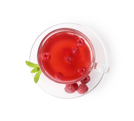 Tasty raspberry tea in glass cup, berries and mint isolated on white, top view