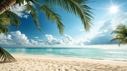 Tropical beach paradise with palm trees under a bright sunny sky