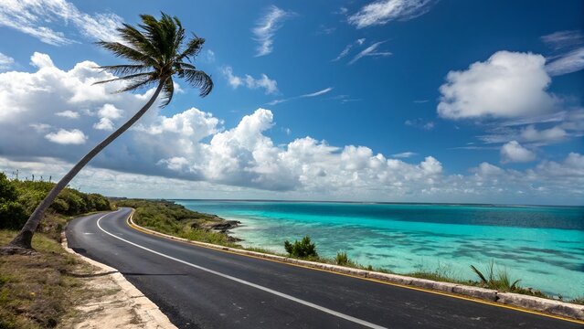 Scenic coastal road curves alongside turquoise ocean with palm tree and clouds - Powered by Adobe