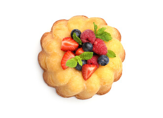 Delicious bundt cake with berries and mint isolated on white, top view