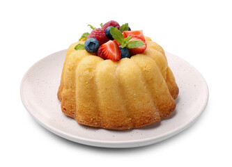 Delicious bundt cake with berries and mint isolated on white