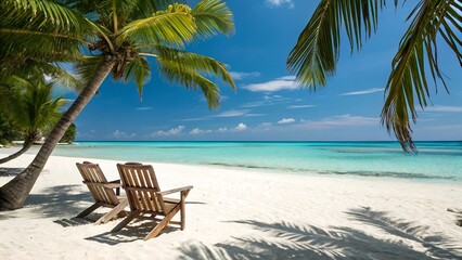 Two empty wooden chairs on a white sand beach under palm trees with turquoise ocean and blue sky