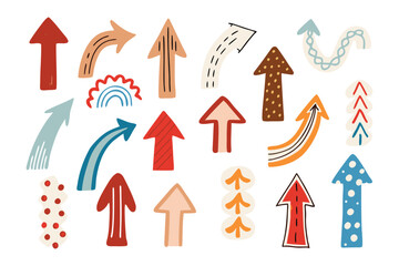 Diverse Directional Arrows: A vibrant collection of illustrated arrows, each with a unique design and color, pointing upwards, symbolizing progress, growth, and the dynamic nature of direction.
