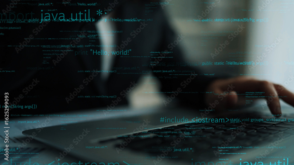 Aufkleber a focused view of a blurred business individual typing on a laptop, with overlays of programming cod