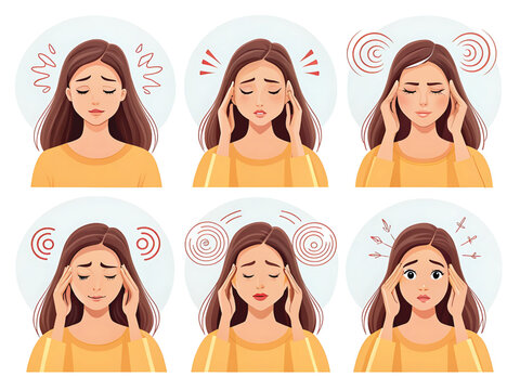 Young woman experiencing different types of headaches and pain migraine