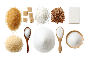 Various sweeteners including sugar and honey isolated on transparent background