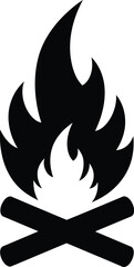 Solid black silhouette of a campfire with flames and crossed logs, flat vector, white background 
