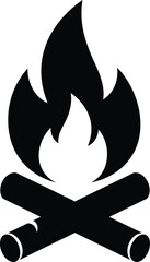 Solid black silhouette of a campfire with flames and crossed logs, flat vector, white background 
