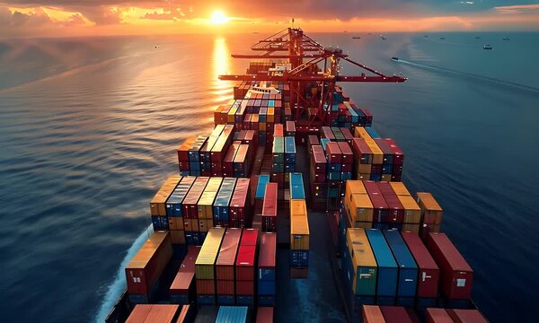 Aerial maritime scene showing container ship navigating ocean at sunset.