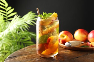 Refreshing iced peach tea with mint in glass and fresh fruits on wooden table, closeup