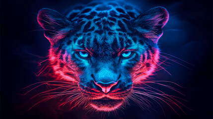 Striking Neon-Lit Black Panther Portrait with Piercing Blue Eyes, its Majestic Face Illuminated by Dynamic Red and Blue Light on a Dark Background