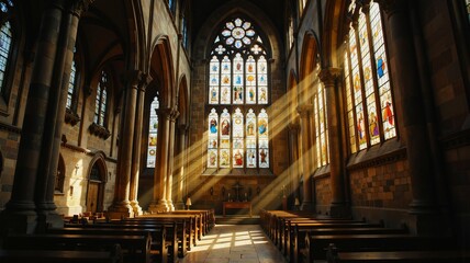 Sunlight streams through stained glass windows in a grand cathedral, casting a warm glow on the wooden pews and stone pillars 