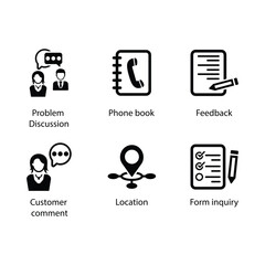 Problem Discussion, Phone book, Document feedback, Customer comment, Direction, Form inquiry, icon