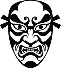 Fototapeta premium Solid black silhouette of a traditional Japanese kabuki mask, frontal view, white background, flat vector