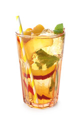 Refreshing iced peach tea in glass isolated on white