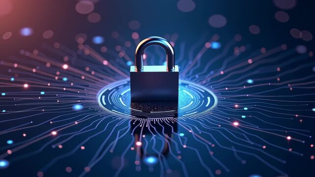 3D padlock hovering over digital circuit with glowing radial lines, perfect for cybersecurity topics, VPN ads, secure data visuals, and mobile protection campaigns, 4K, motion. - Powered by Adobe