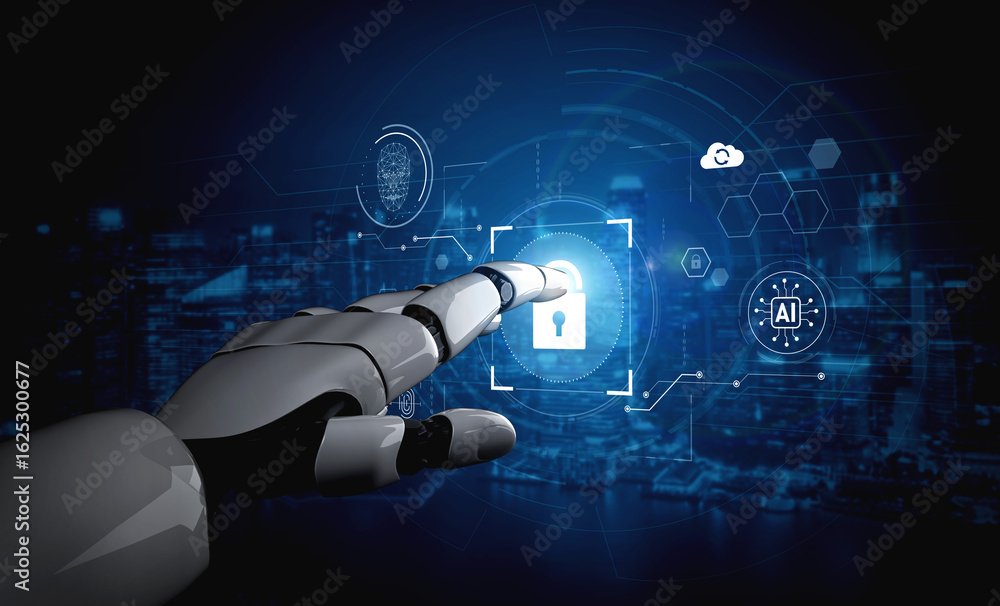 Poster ai monitoring cybersecurity, verifying biometric access, analyzing identity patterns, and securing d