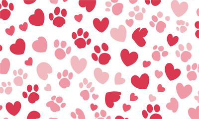 Modern vector illustration seamless pattern with scattered red hearts and pink paw prints, Red hearts, pink paw prints, and a clean white background, easily editable.